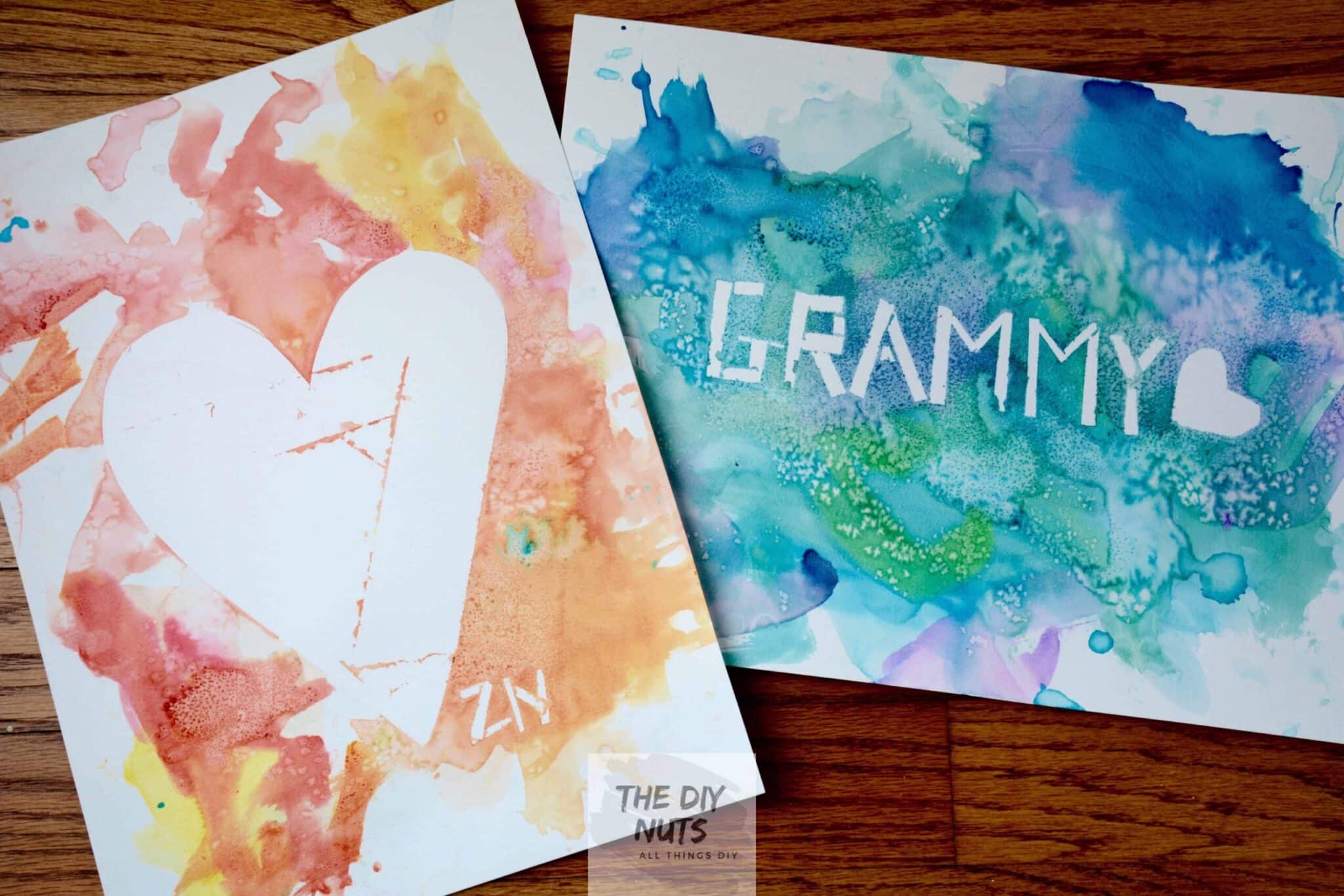 Heart Watercolor painting and Grammy watercolor art projects made by toddlers