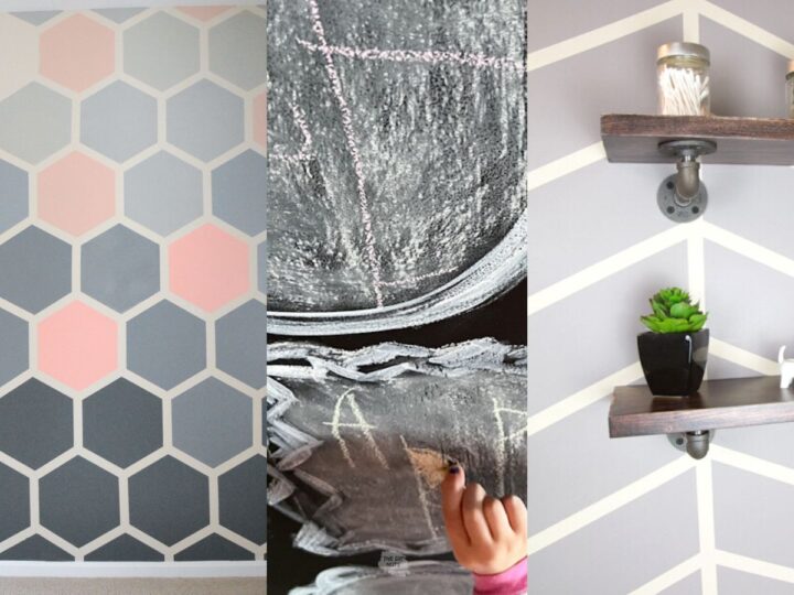 ombre hexagon painted wall, hand holding chalk on chalkboard wall and gray accent wall.