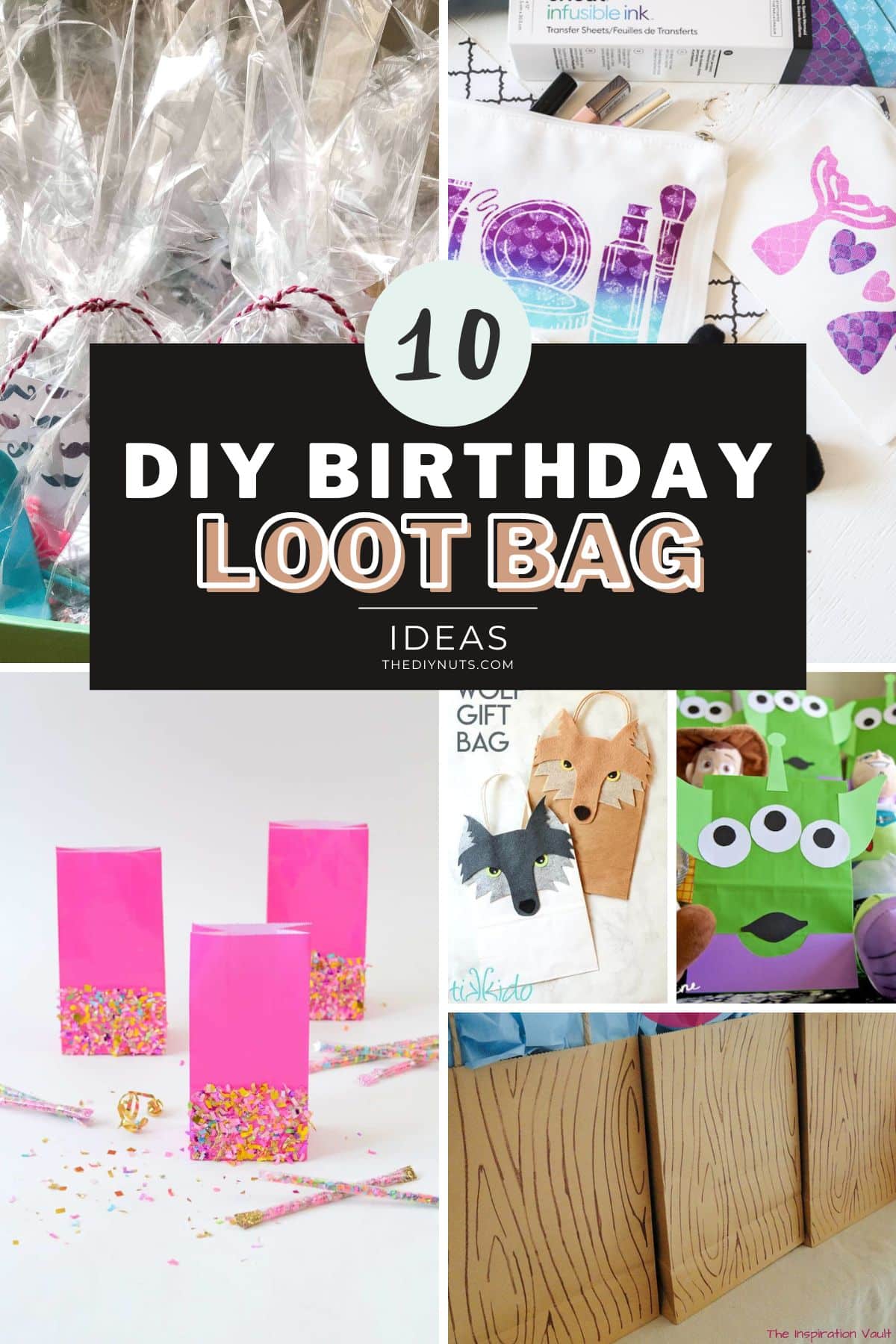 collage of birthday goodie bags with text 10 DIY birthday loot bag ideas.