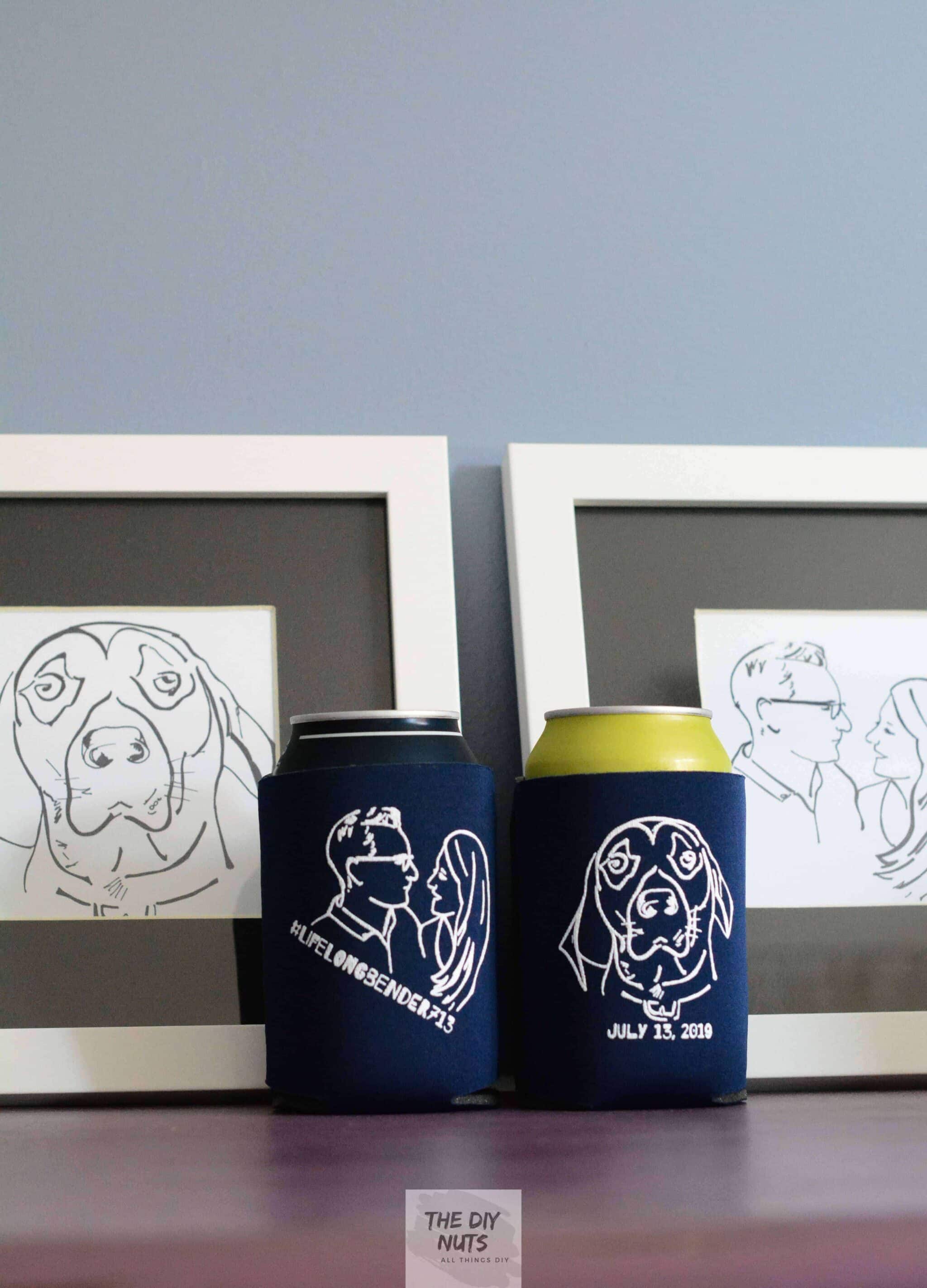 two blue koozies and two framed artworks for diy wedding gift