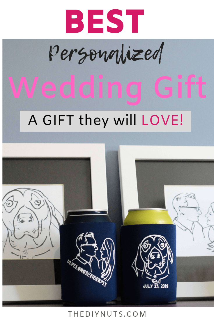 Two blue wedding koozies with drawings of a dog and wedding date and a personalized drawing of the couple in front of personalized drawings done for the couple. 