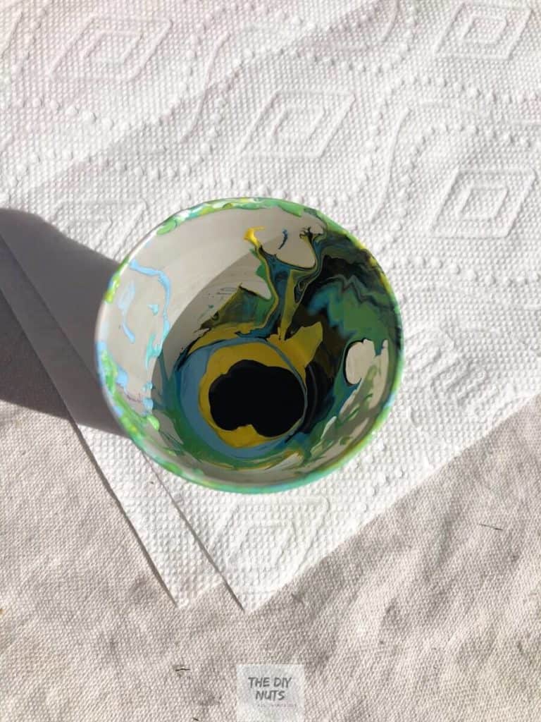 Blue, teal, yellow and black acrylic paint in cup for paint pour pumpkin project