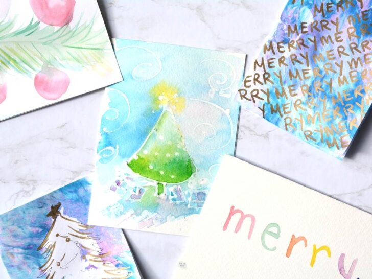 5 different holiday cards done with watercolor paint.