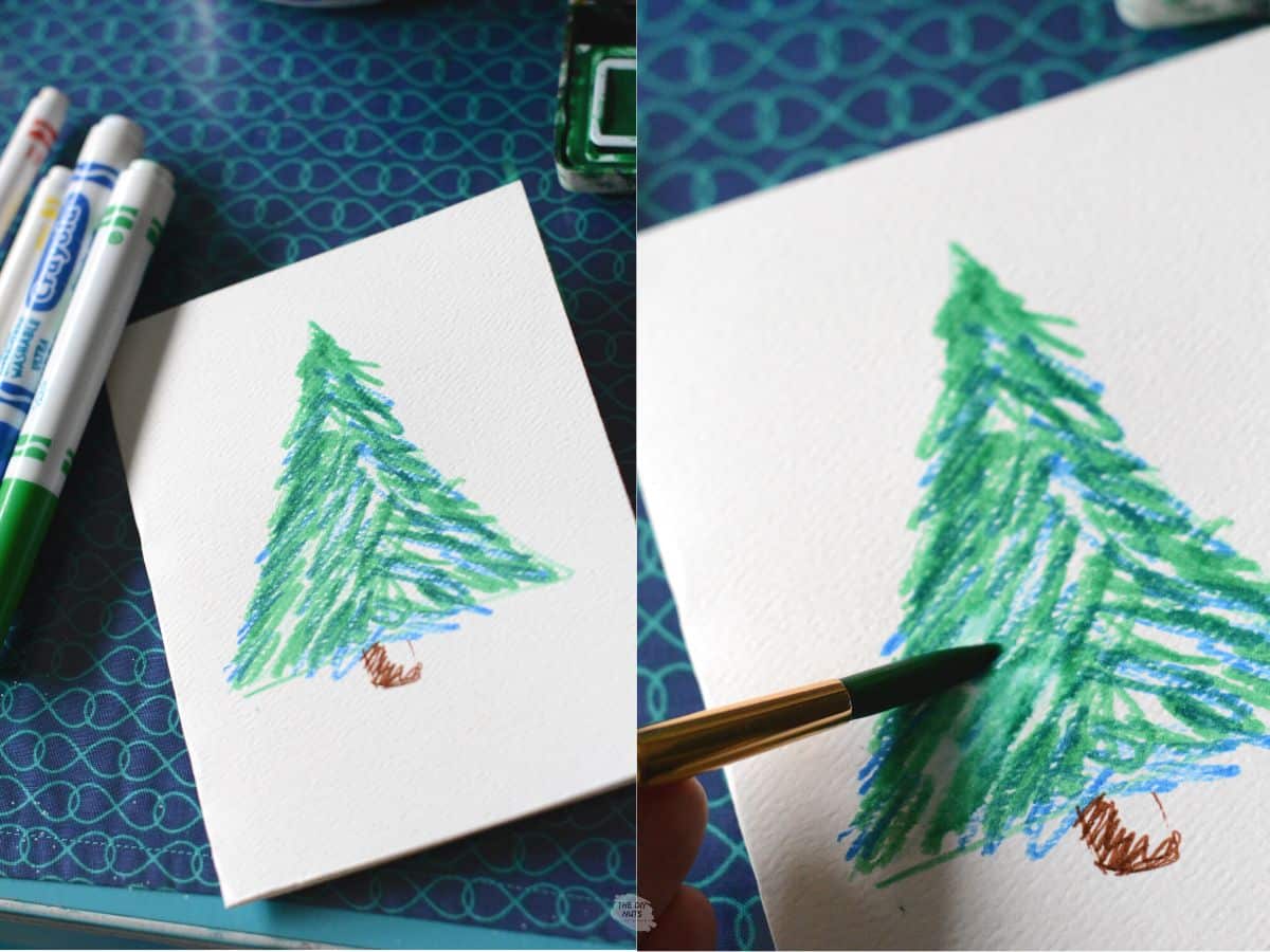 two different views of Christmas tree card with washable markers.
