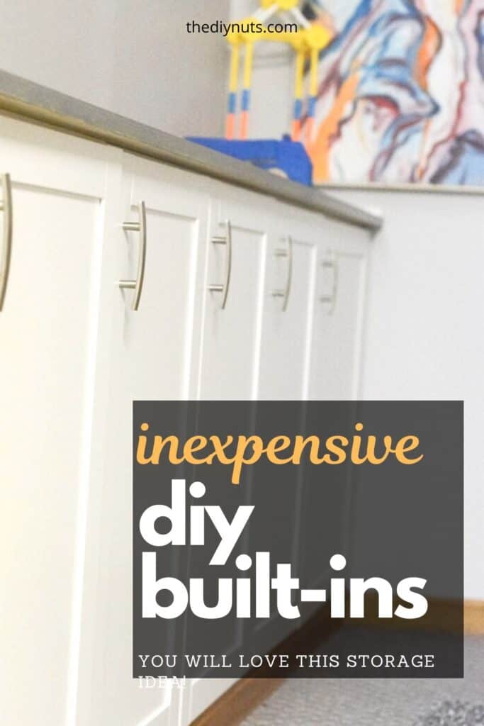 white cabinets used as basement storage with text inexpensive DIY built-ins you will love this storage idea!