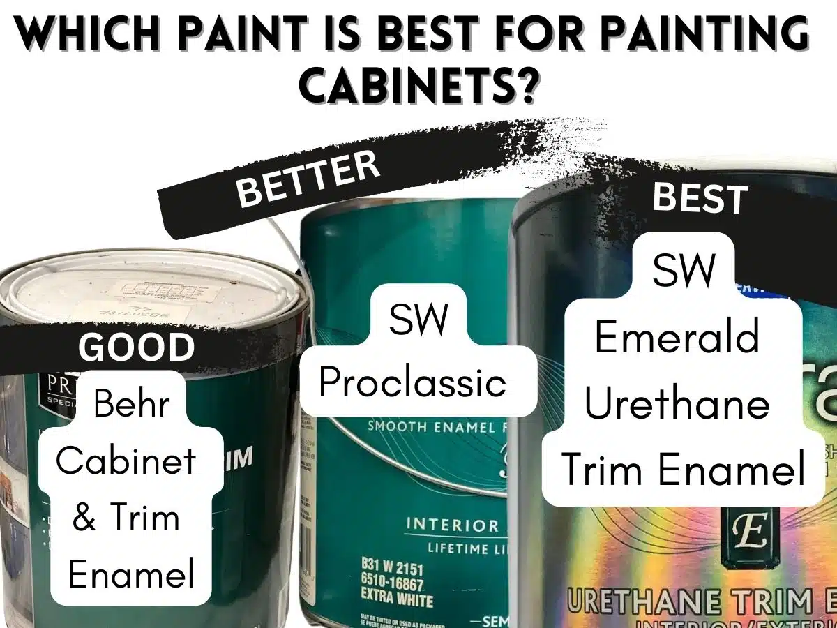3 cans fo paint with text overlay which paint is best for painting cabinets.