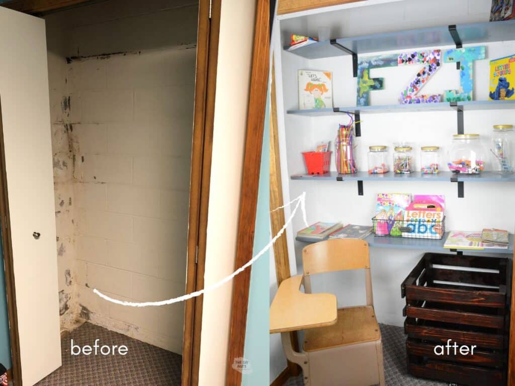 before closet that needs waterproofing with arrow showing after craft closet.