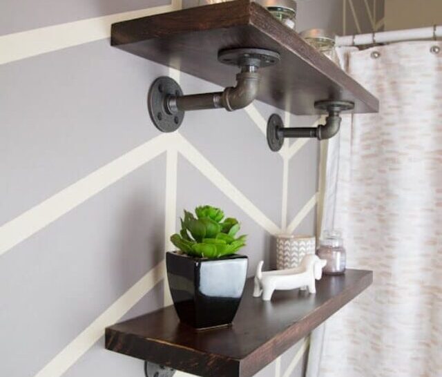 Side angle of pipe fitting shelves in bathroom