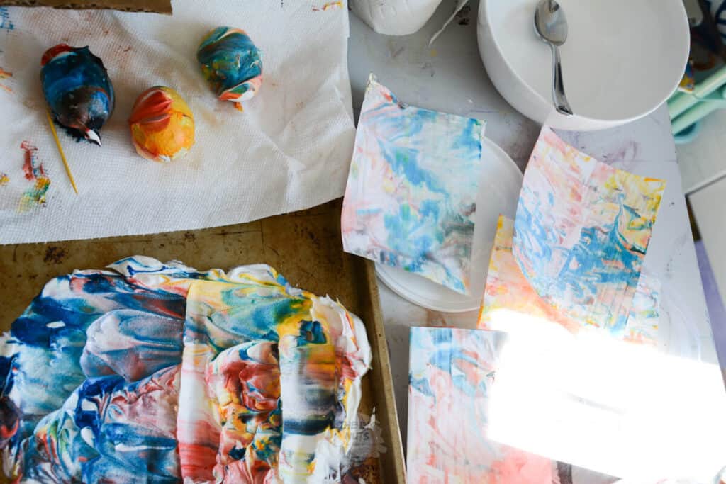 easter eggs & paper marbleized with food coloring