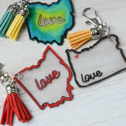 state plastic shrink keychains wiht colored tassels.
