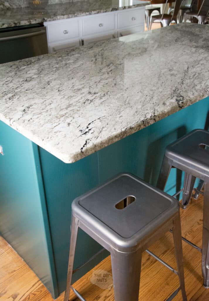 Sherwin Williams Rockwood Sash Green on kitchen island cabinet makeover with gray metal stools