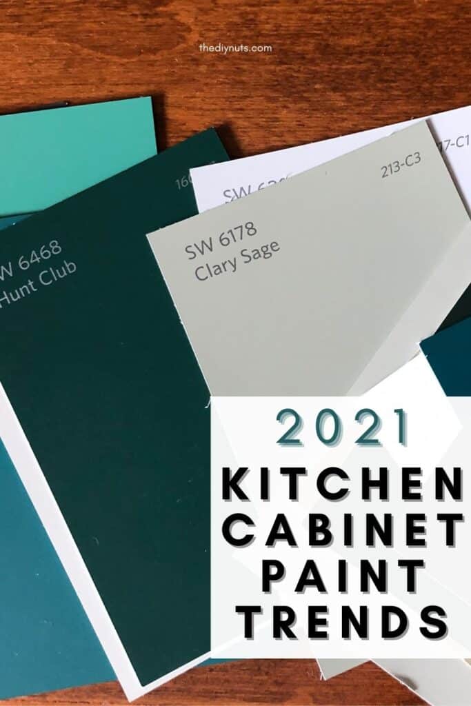 Green Paint chip samples with text 2021 Kitchen cabinet paint trends