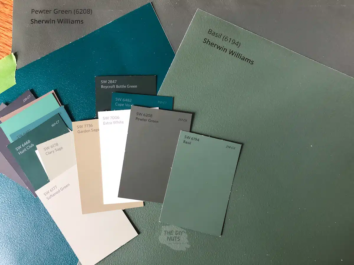 green paint chips from Sherwin williams and Samplize peel and stick paint samples