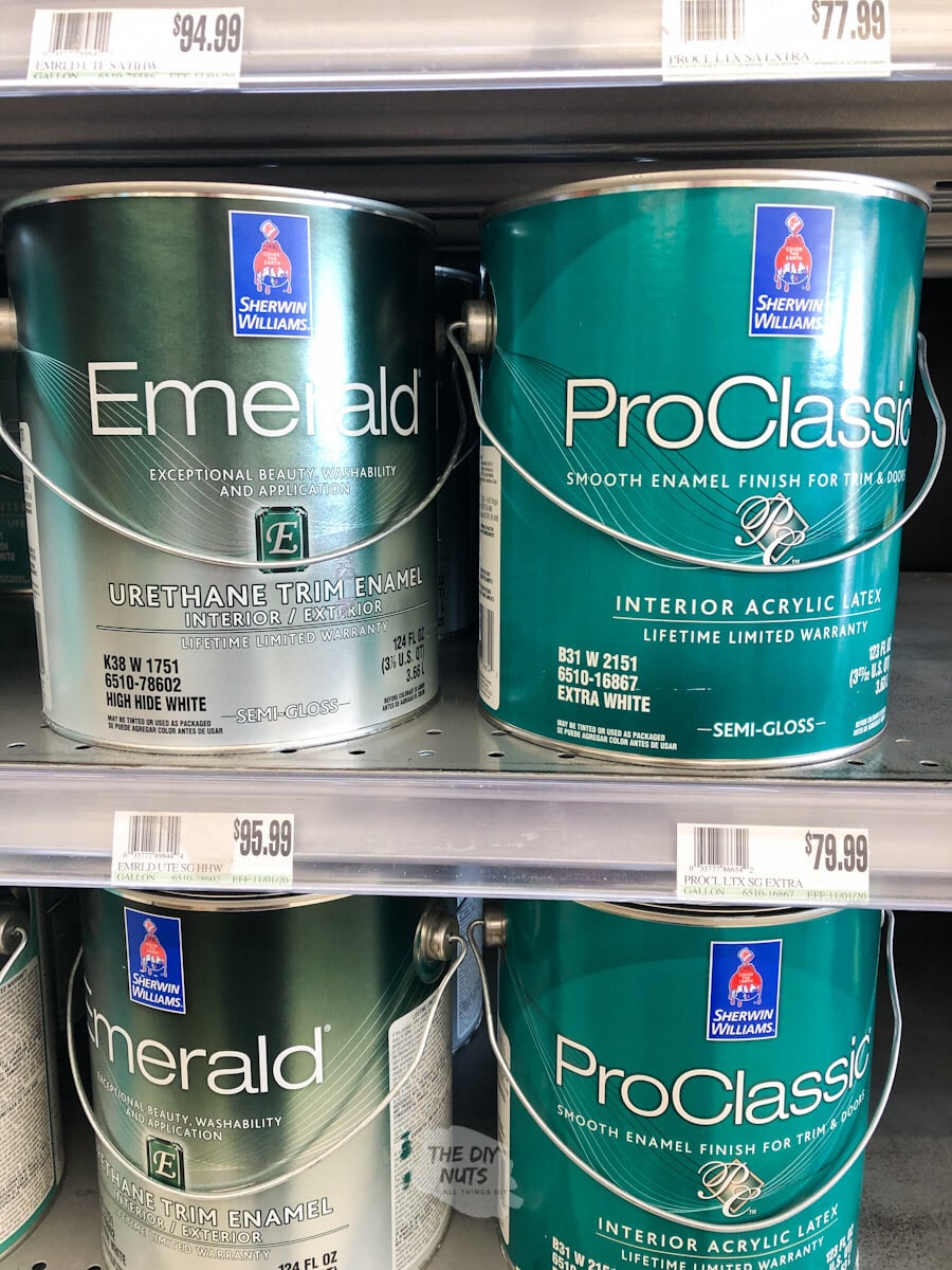 Can of Sherwin Williams Emerald Trim Urethane Paint and Proclassic paint on shelf in paint store.