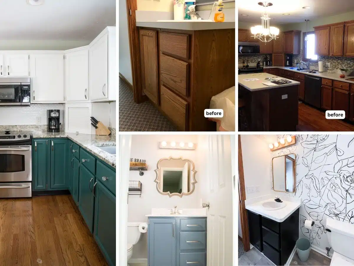 collage of painted cabinets in bathroom and kitchen.