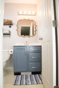 painted charcoal blue bathroom cabinets with organic shaped mirror.