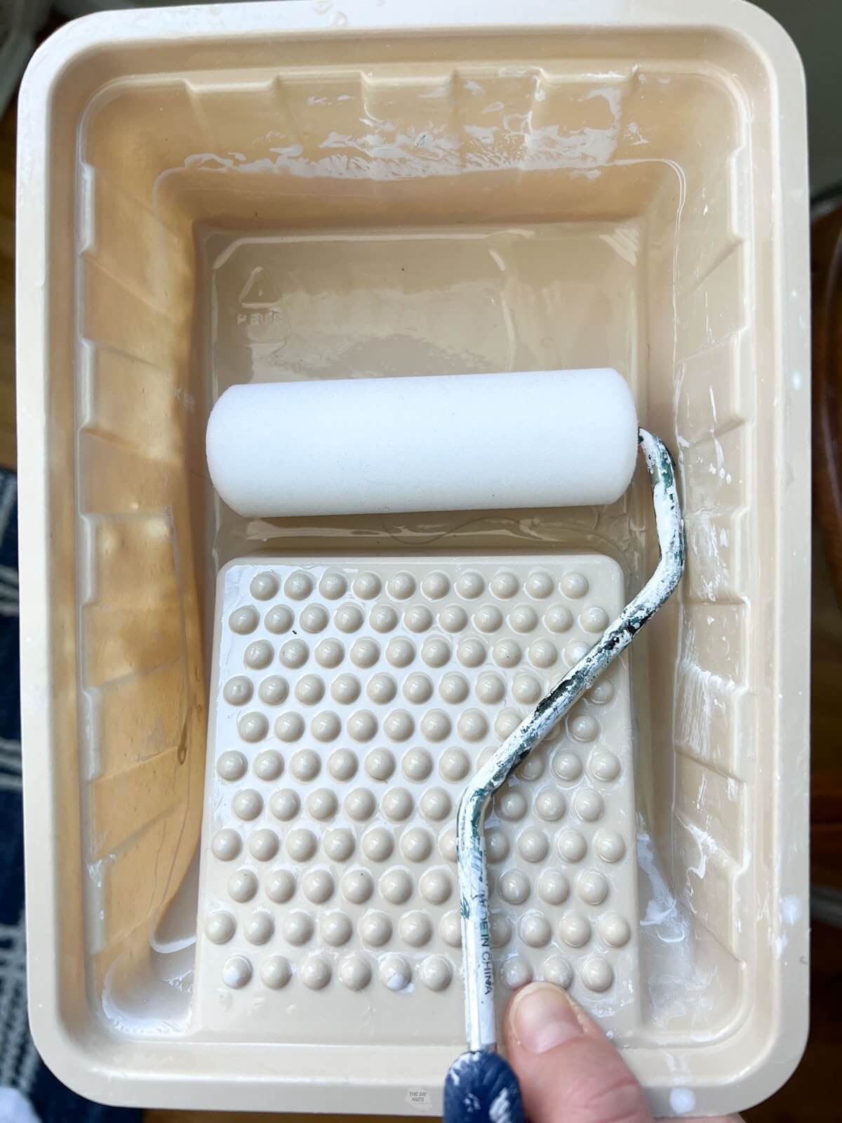 small foam roller in small paint tray.