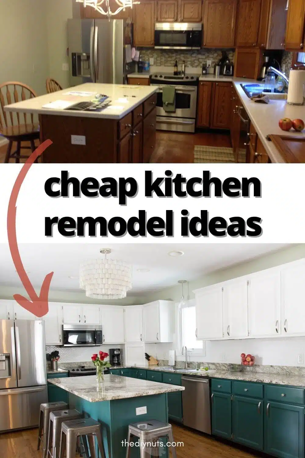 cheap kitchen remodel ideas with oak dated kitchen before picture and after picture with two-toned painted cabinets