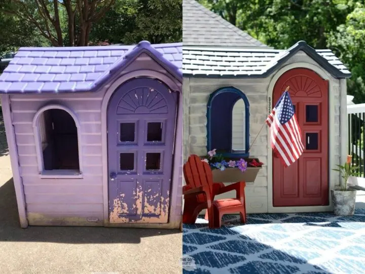 littel tikes purple playhouse and painted plastic house makeover