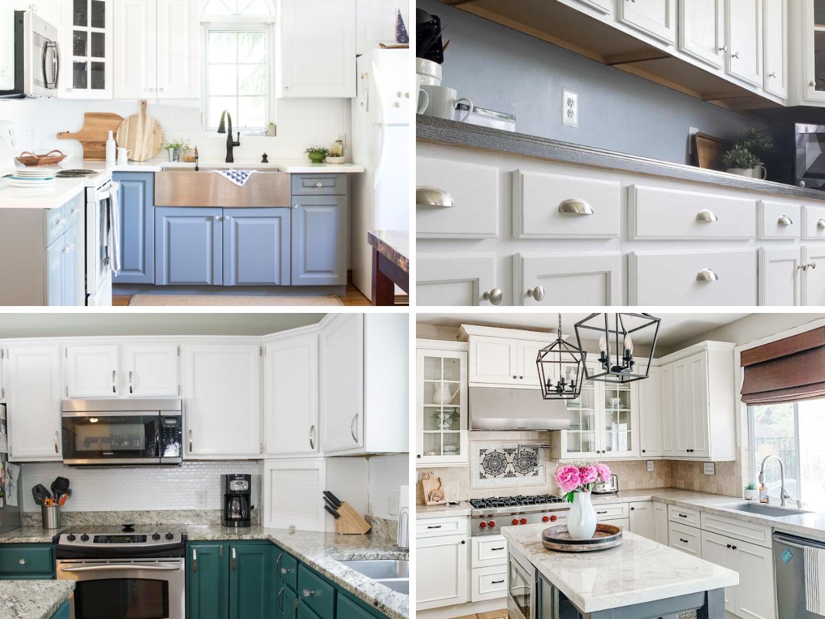 collage of white painted kitchen cabinets.