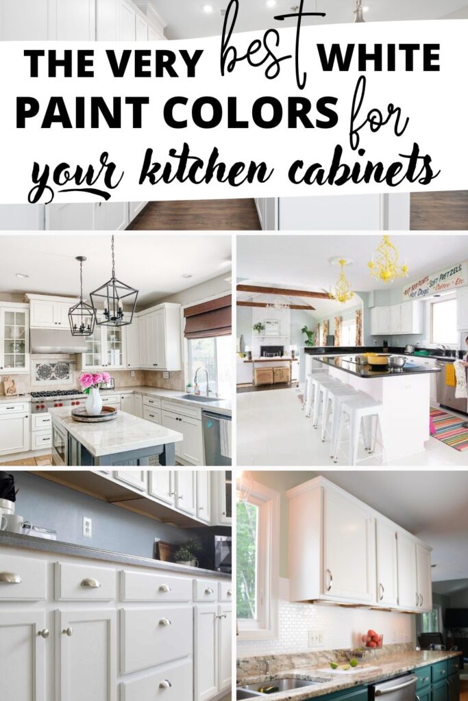 collage of images of different kitchen cabinets painted with text overlay the best white paint for your kitchen cabinets.