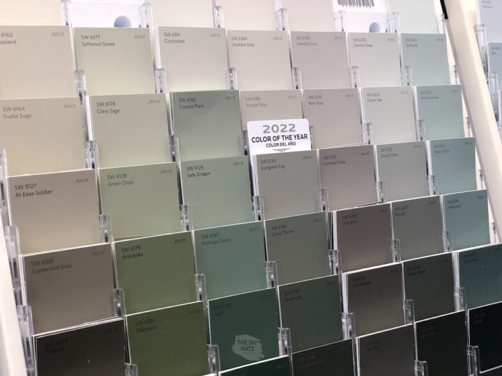Sherwin Williams paint swatches in greens with tag saying Sherwin Williams Color of the Year