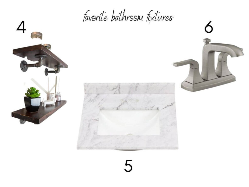 favorite bathroom fixtures with Kohler faucet, countertop and industrial pipe shelving