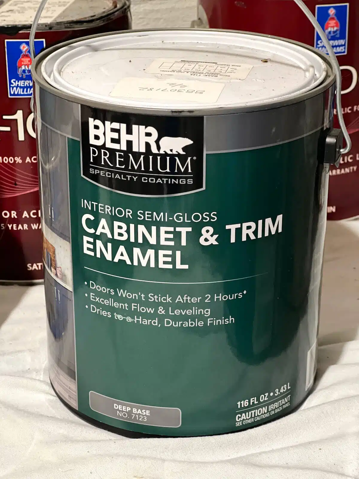gallon of Behr cabinet and trim enamel.