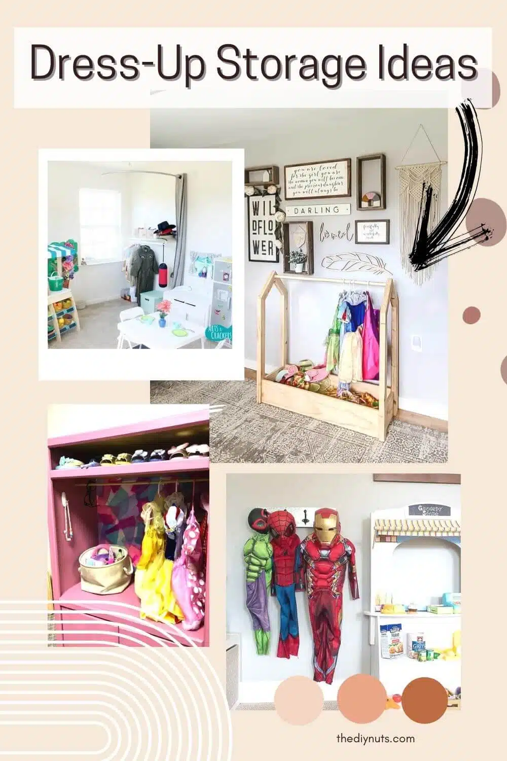 Dress up storage ideas with collage of different DIY dress-up ideas.