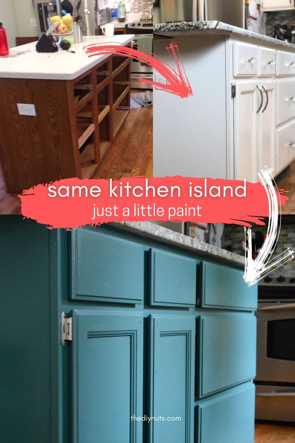 oak island to white kitchen island to green painted kitchen cabinets