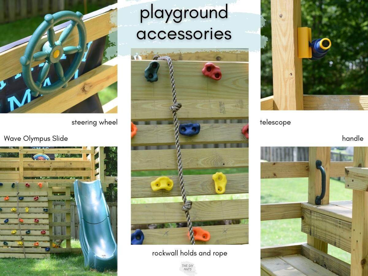 playset accessories used in DIY playground with image of steering wheel, slide, rockwall holds, handle and telescope.