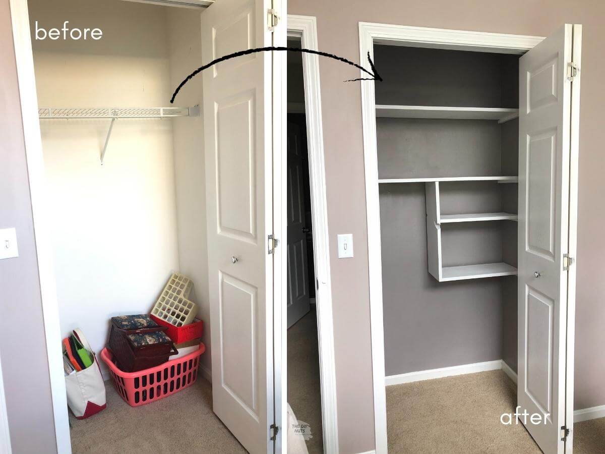 empty closet before with after image showing gray painted closet and DIY white wooden shelves.