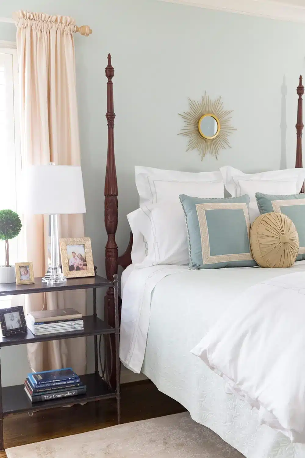 Sea Salt paint on the walls of bedroom with white linens on bed from Pizzazzerie blog.