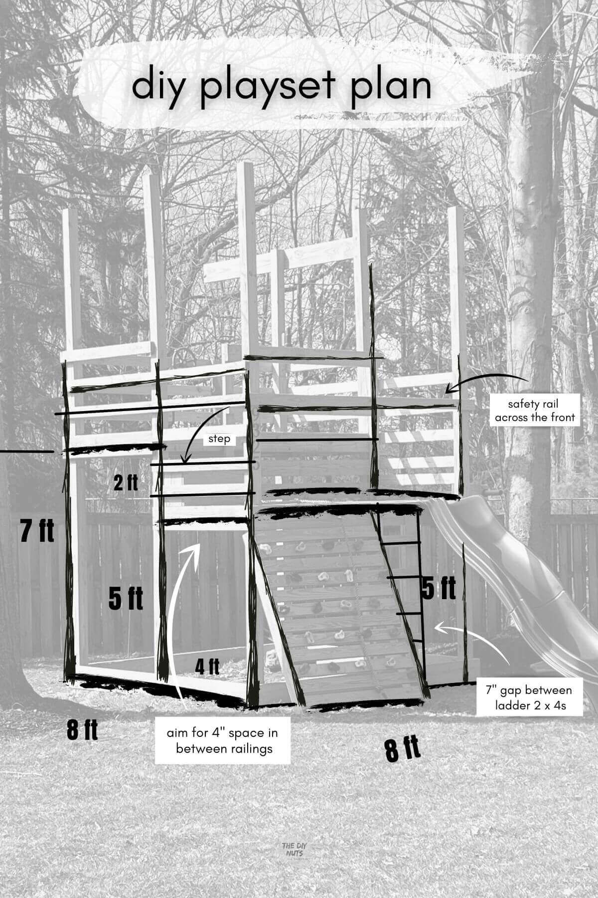 black and white image of DIY playset with black sketch lines showing measurements for DIY playground.