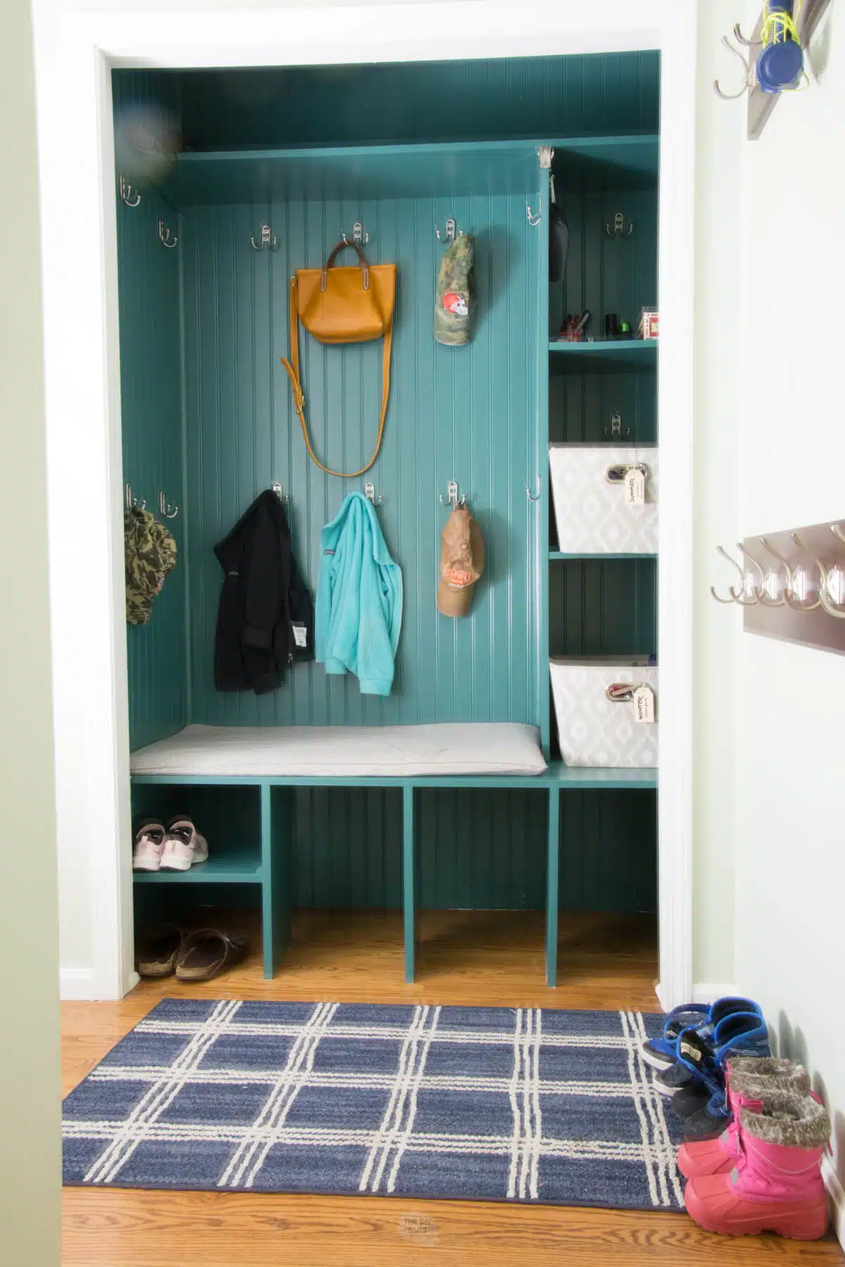 Sherwin Williams Rookwood Sash Green painted in mudroom closet with blue rug and items hanging.