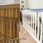 before painting oak stair railing and after painting with white spindles and blue gray top stair railing.