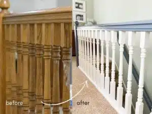 oak stair railing with arrow pointing to painted blue and white oak railing.