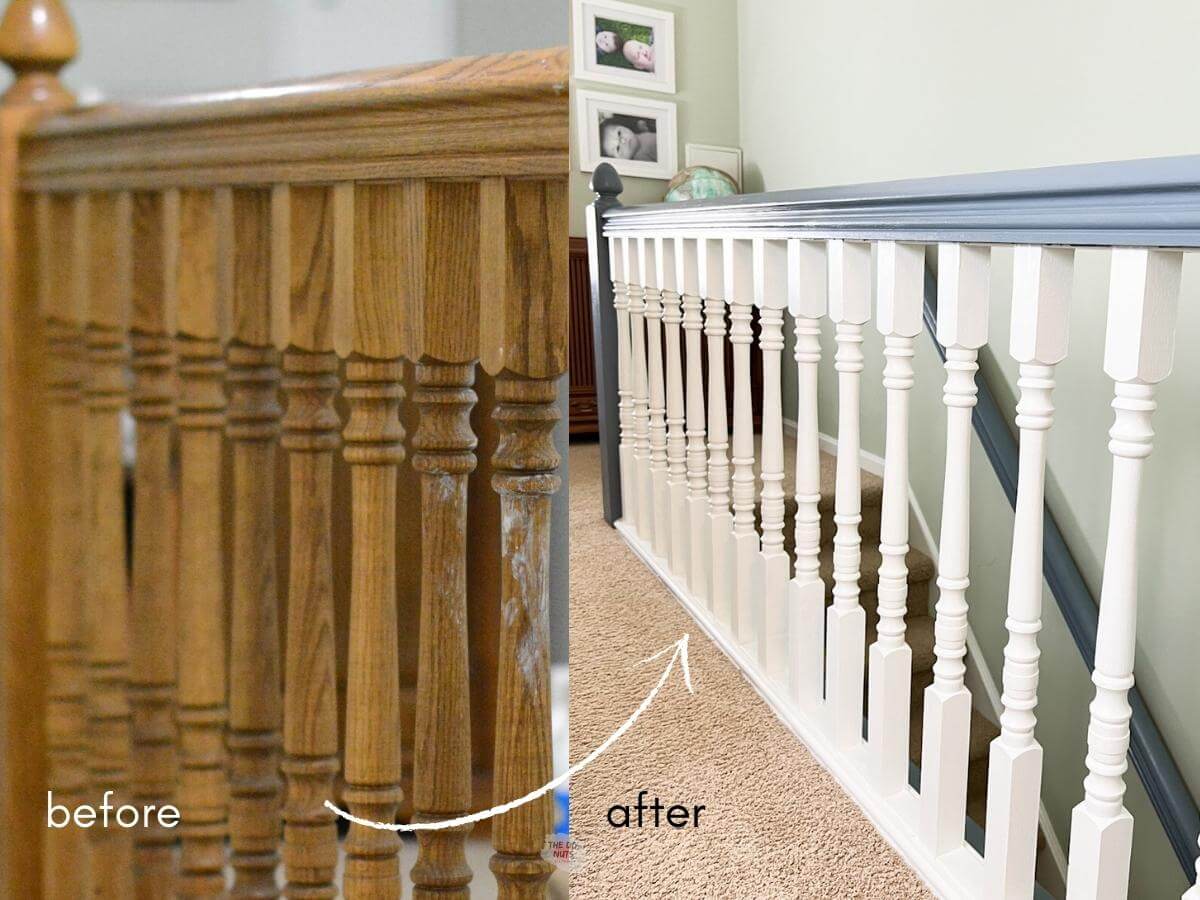 before painting oak stair railing and after painting with white spindles and blue gray top stair railing.
