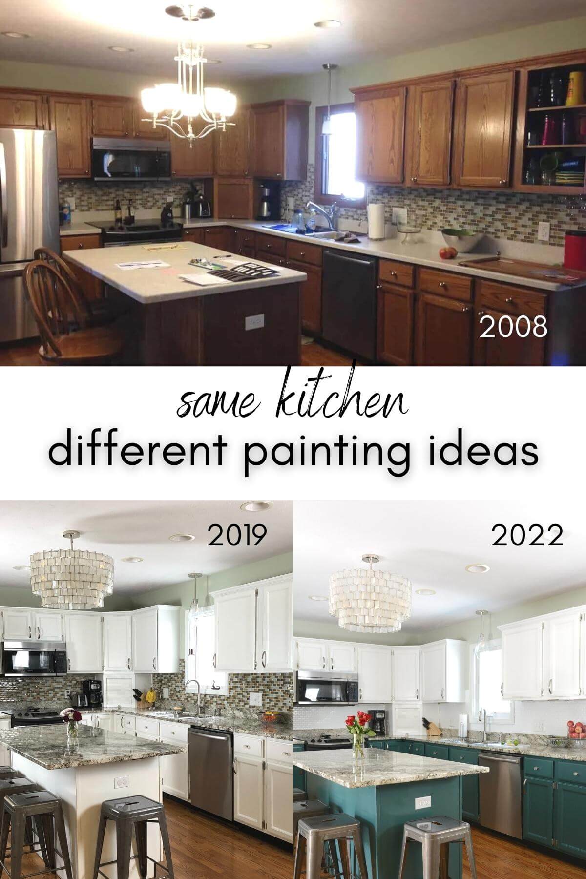 oak kitchen cabinets with 2008 with white painted kitchen cabinets in 2019 and two-toned green and white kitchen cabinets in 2022.