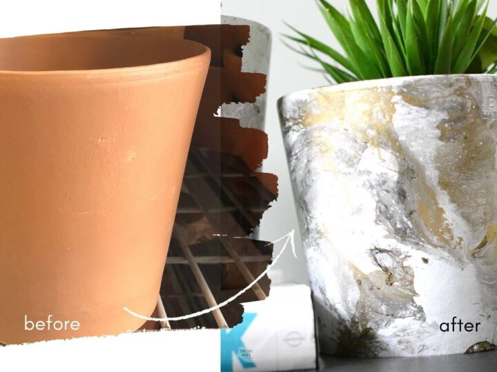 terracotta pot with arrow pointed to same flower pot after DIY marble spray paint effect.