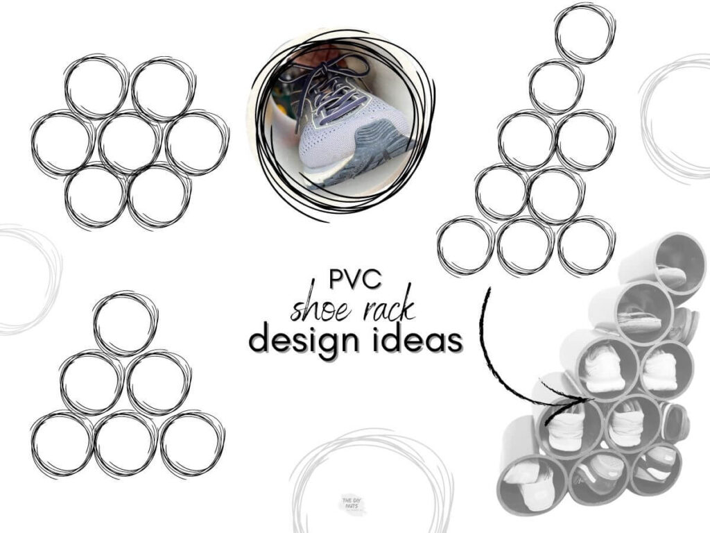 sketchy circles showing DIY pvc shoe rack design ideas with shoe inside a 6" PVC pipe.