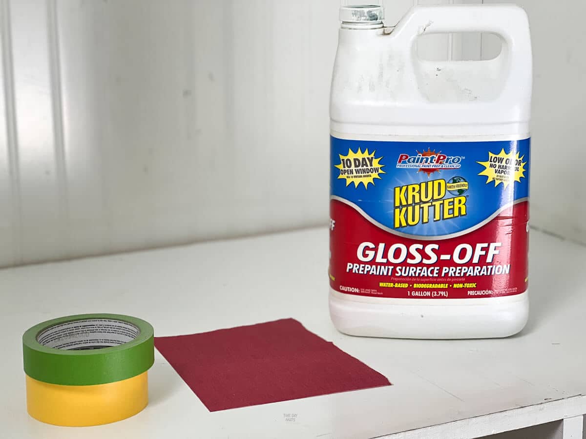 painter's tape, sandpaper and Krud kutter used to wipe down painted wood.