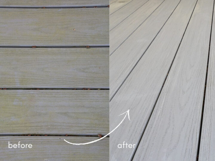before gray mildew covered deck with arrow pointed to clean after gray composite deck.