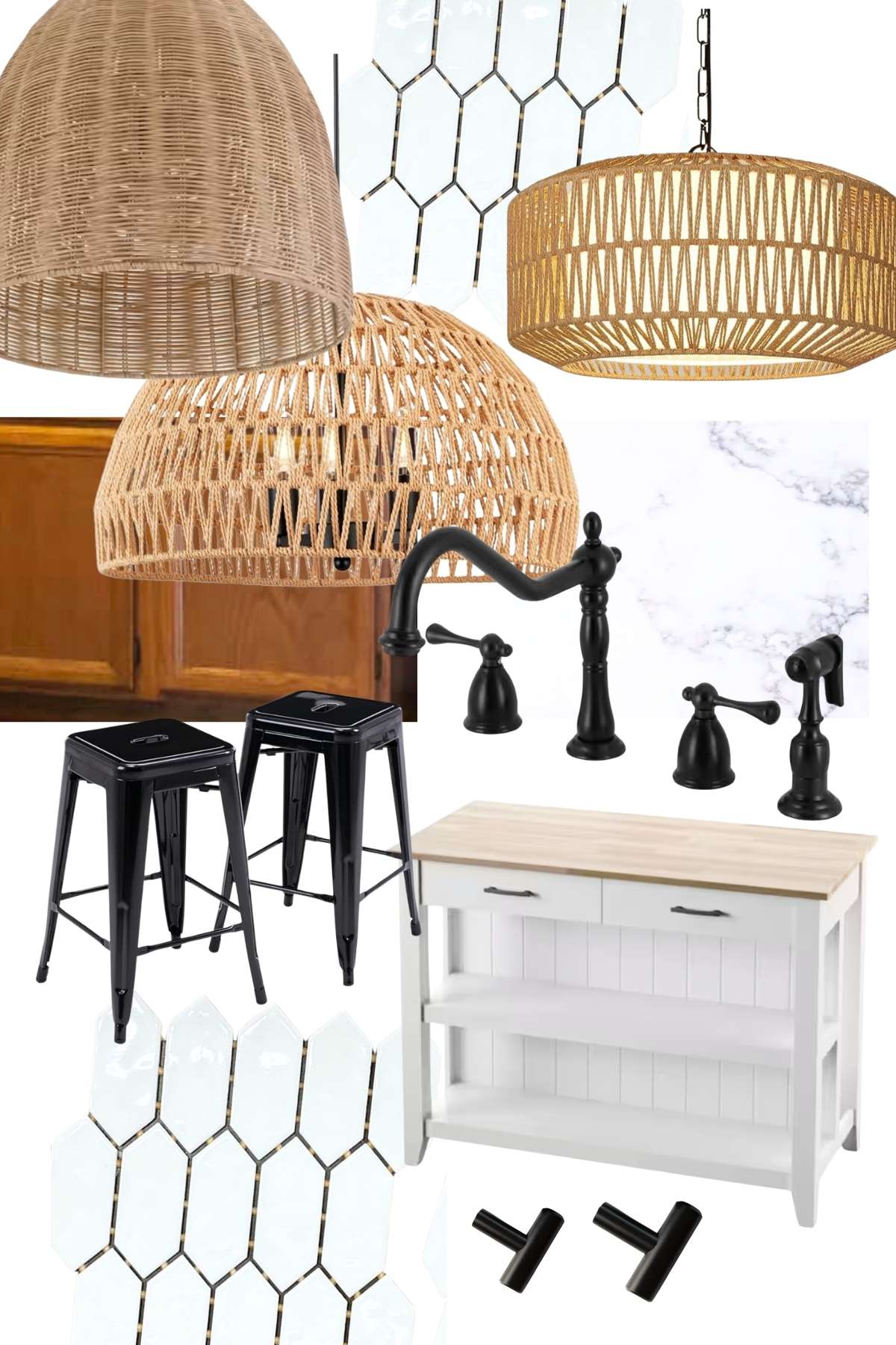 modern oak kitchen materials with basket lights, island and black hardware.