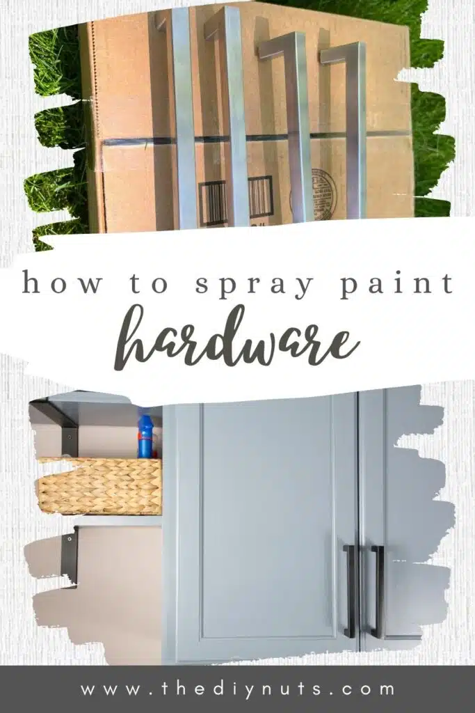 silver hardware handles and black painted hardware with text how to spray paint hardware.