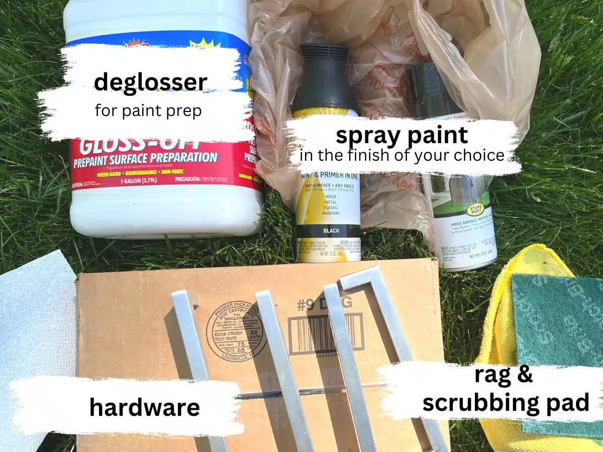 collage of supplies used to spray paint hardware.