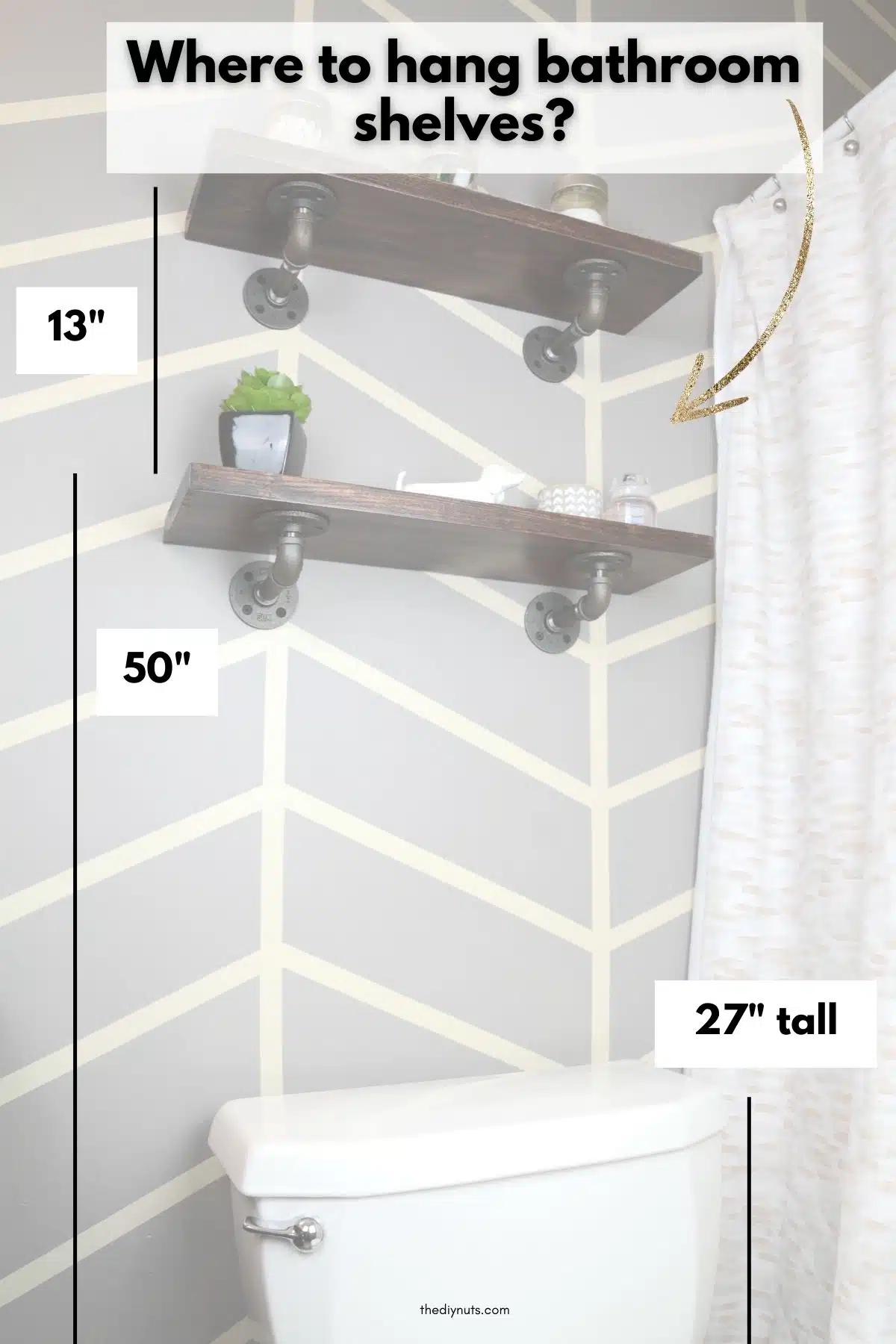 bathroom shelves on gray painted wall above toilet with text Where to hang bathroom shelves? and 27", 50", 13".