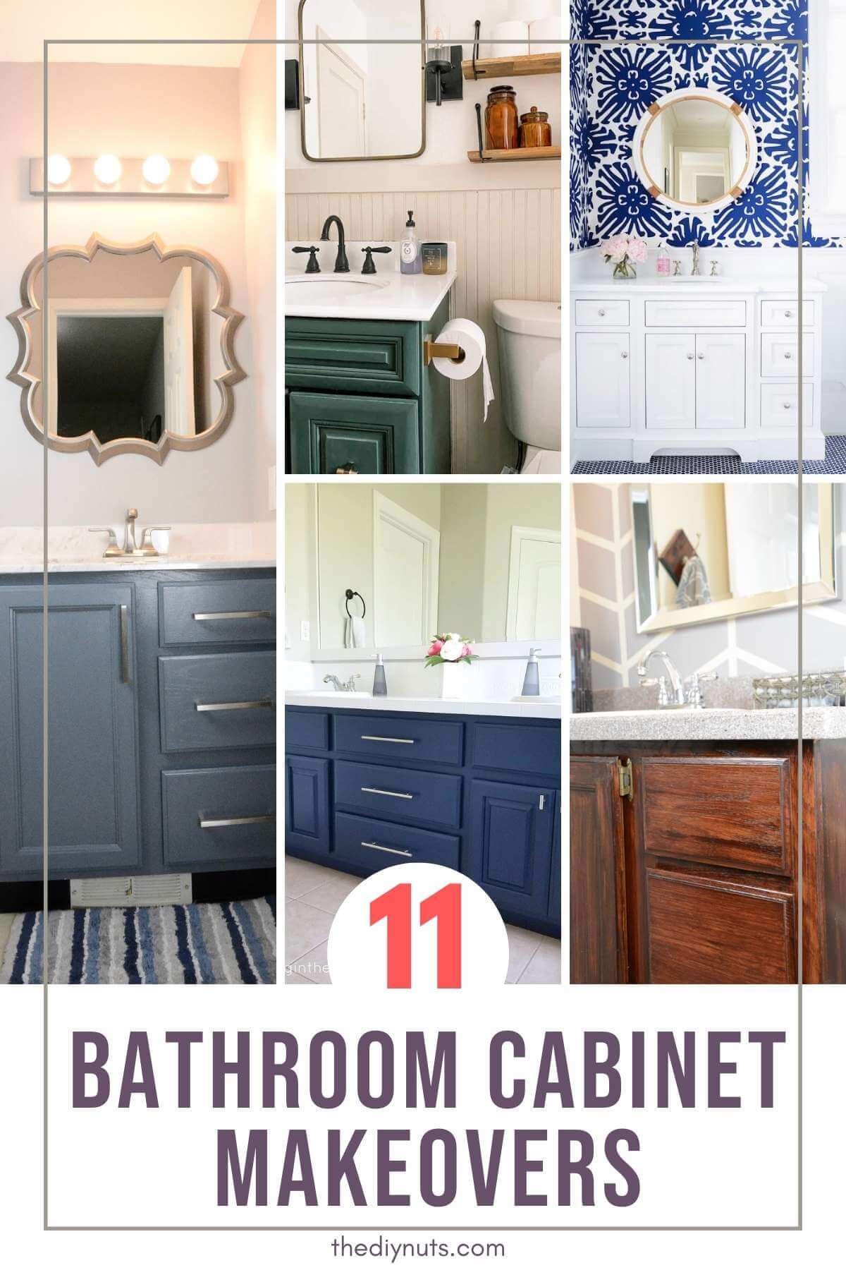 Bathroom cabinet makeovers with 6 different images of painted bathroom cabinets.