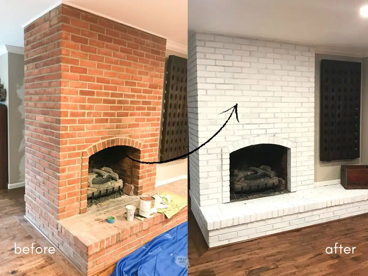 before and after red brick fireplace painted white.