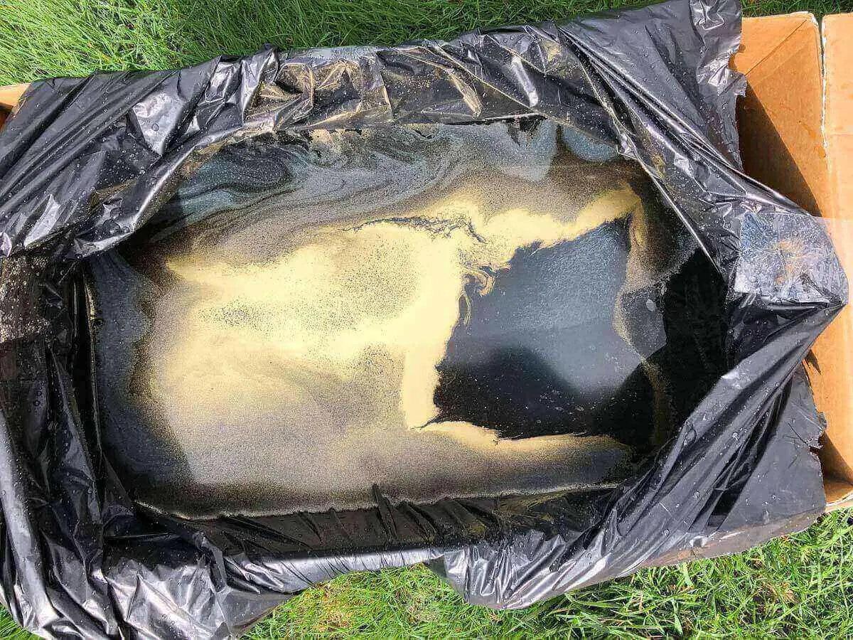 gold spray paint in water in box with garbage bag.